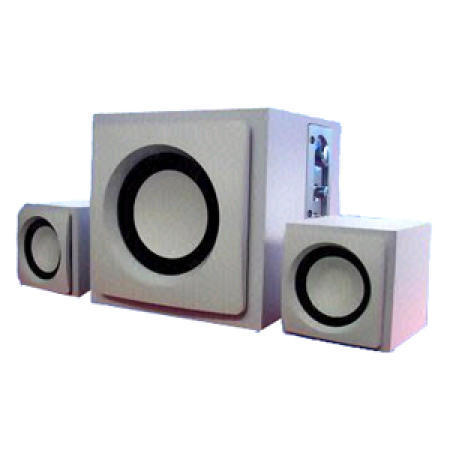 Wooden Satellite 2.1 Subwoofer Speaker System in White with MP3 and Earphone Jac (Caisson de basses en bois Satellite 2.1 Speaker System en blanc avec lecteur MP3)