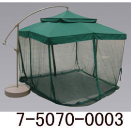 10` TWO TIER ALUM HANGING UMBRELLA W/BASE &MOSQUITO NET