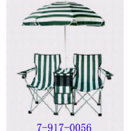 2 FOLDING CHAIR WITH END TABLE AND UMBRELLA (2 FOLDING CHAIR WITH END TABLE AND UMBRELLA)