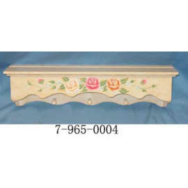 WOOD SHELF W/4 HOOK WITH FLORAL MOTIF