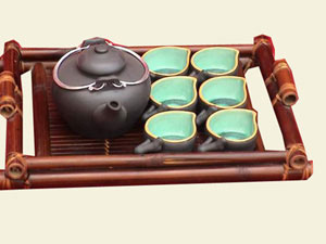  Ceramic Bamboo Tea Set On Bamboo Tea Tray (Ceramic Tea Set bambou sur le bambou plateau de thé)