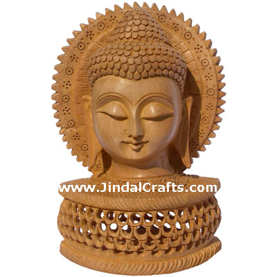  Handmade Hand Carved Buddha Head With Chest India Wood Art