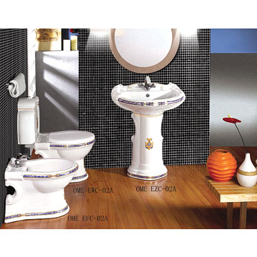  Decorated Close-Coupled Toilet & Pedestal Basin & Bidet