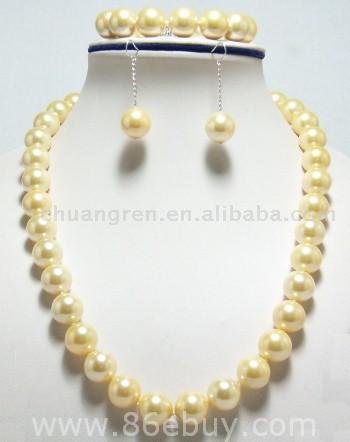  Wholesale 22/8/2" 14mm Yellow Shell Pearl Necklace Set ( Wholesale 22/8/2" 14mm Yellow Shell Pearl Necklace Set)