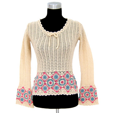  Ladie`s 100% Lambswool Pullover with Crochet Design (100 верхняя одежда% Lambswool пуловер с вязания крючком дизайн)