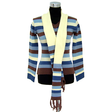  Ladies` V-Neck Striped Pullover with Shawl (Женские V-Neck полосатый свитер с шалью)