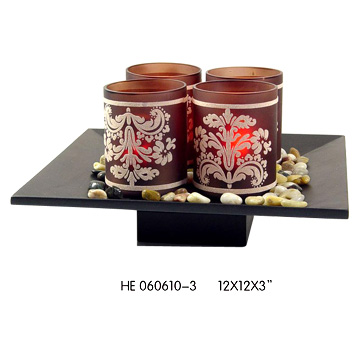  Flocked Glass Candle Holder with Wooden Base (Floqué Glass Candle Holder with Wooden Base)