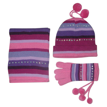  Brushed Acrylic Stripe Scarf / Glove / Hat with Sequins
