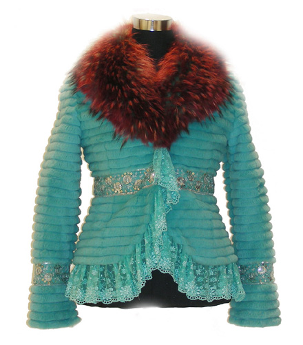  Women`s Rabbit Fur Coat with Raccoon Fur Collar