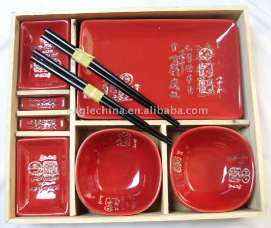  Red Color Glazed Sushi Set/Dish Plates/Bowls ( Red Color Glazed Sushi Set/Dish Plates/Bowls)