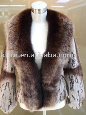 rabbit fur coat with print flower and with fox fur collar (кролик шуба с цветком печати и лисы меховой воротник)