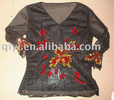 ladies fashion mesh top with beaded embroidery (ladies fashion mesh top with beaded embroidery)