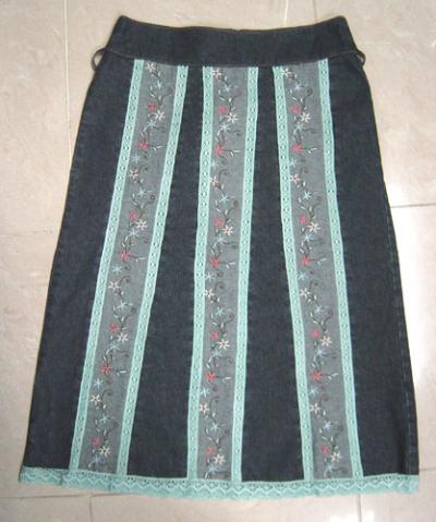 Denim Skirt With Lace Trims And Embroidery