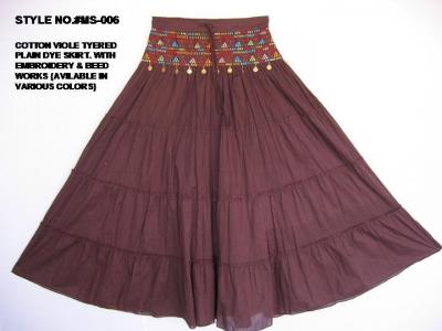 Cotton Voile Tyered Plain Dyed Skirt With Embroidery %26 Beeds (Cotton Voile Tyered Plain Dyed Skirt With Embroidery %26 Beeds)