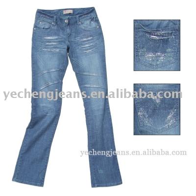 Ladies` Low Stretch Mid Waist Straight Cut Jeans (Ladies `Low Mid Stretch Waist Straight Cut Jeans)