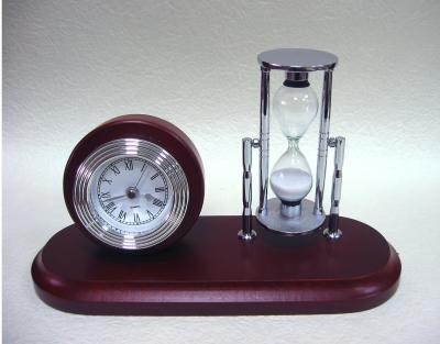 Solid wooden clock with sand timer desk set
